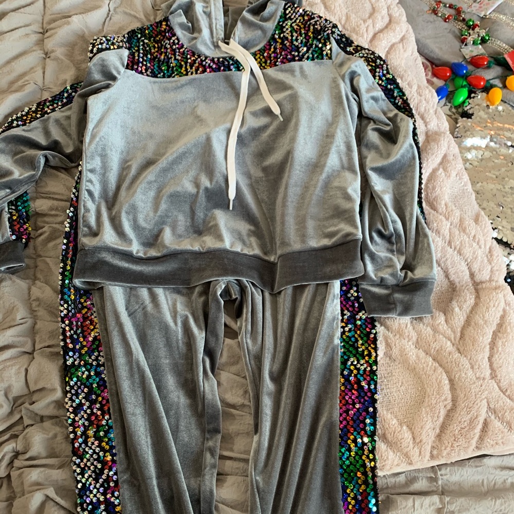 Gray velvet multi-colored sequin track suit